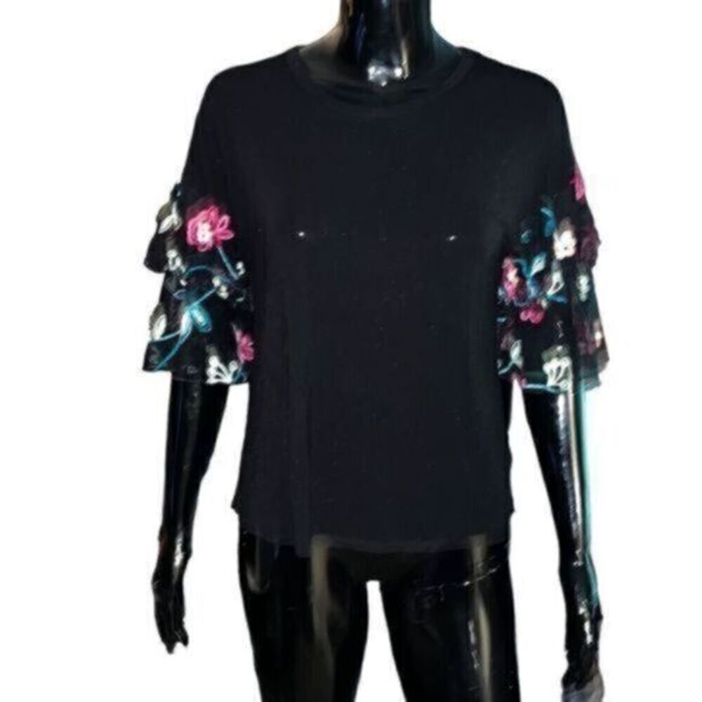 Anthropologie pebble & stone black blouse with floral sheer sleeves size small